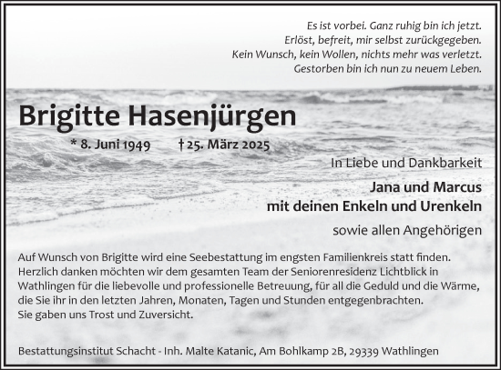 Traueranzeige von Brigitte Hasenjürgen von Märkische Oderzeitung