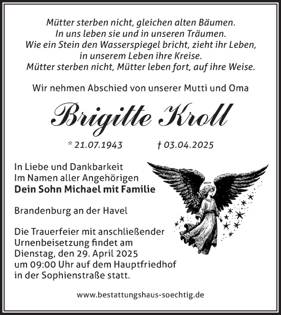 Traueranzeige von Brigitte Kroll von Märkische Oderzeitung