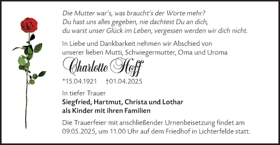 Traueranzeige von Charlotte Hoff von Märkische Oderzeitung