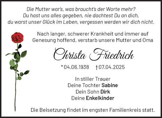 Traueranzeige von Christa Friedrich von Märkische Oderzeitung