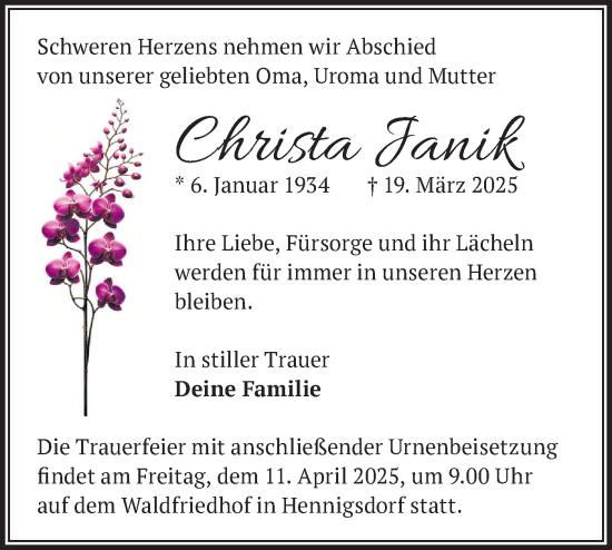 Traueranzeige von Christa Janik von Märkische Oderzeitung