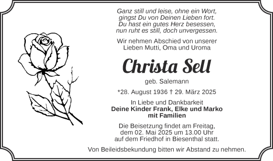 Traueranzeige von Christa Sell von Märkische Oderzeitung