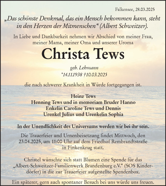 Traueranzeige von Christa Tews von Märkische Oderzeitung