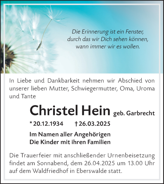 Traueranzeige von Christel Hein von Märkische Oderzeitung