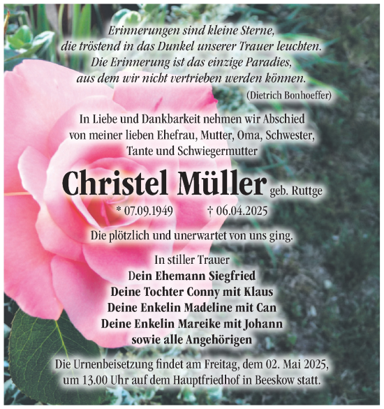 Traueranzeige von Christel Müller von Märkische Oderzeitung
