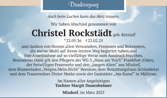 Traueranzeige von Christel Rockstädt von Märkische Oderzeitung
