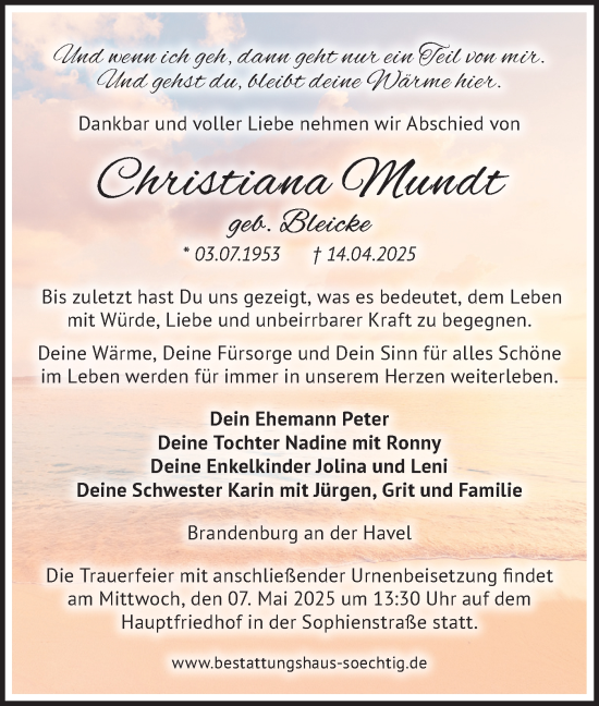 Traueranzeige von Christiana Mundt von Märkische Oderzeitung