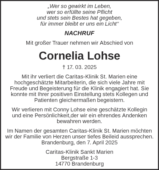 Traueranzeige von Cornelia Lohse von Märkische Oderzeitung