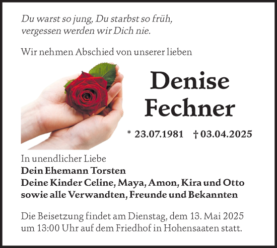 Traueranzeige von Denise Fechner von Märkische Oderzeitung