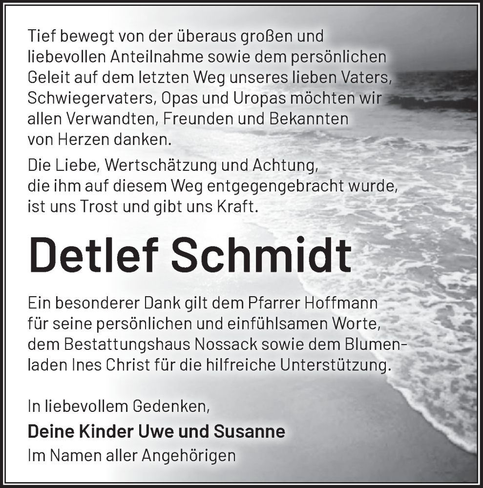  Traueranzeige für Detlef Schmidt vom 05.04.2025 aus Märkische Oderzeitung