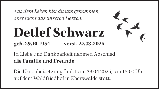 Traueranzeige von Detlef Schwarz von Märkische Oderzeitung