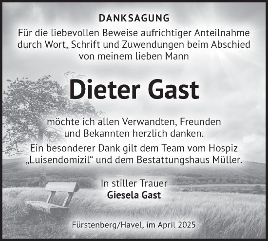 Traueranzeige von Dieter Gast von Märkische Oderzeitung