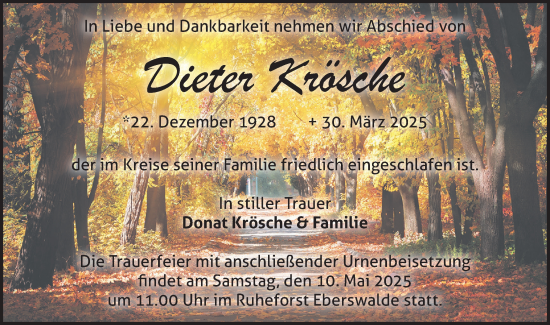 Traueranzeige von Dieter Krösche von Märkische Oderzeitung