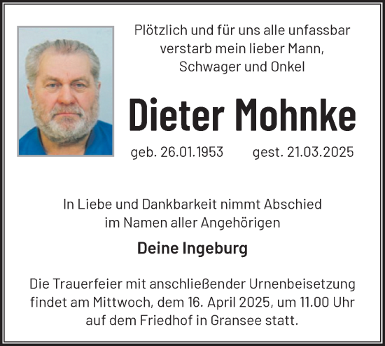 Traueranzeige von Dieter Mohnke von Märkische Oderzeitung
