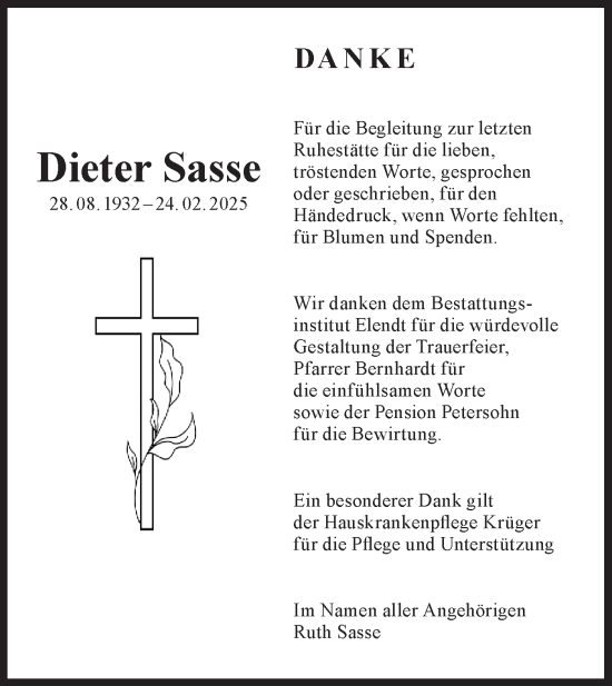 Traueranzeige von Dieter Sasse von Märkische Oderzeitung