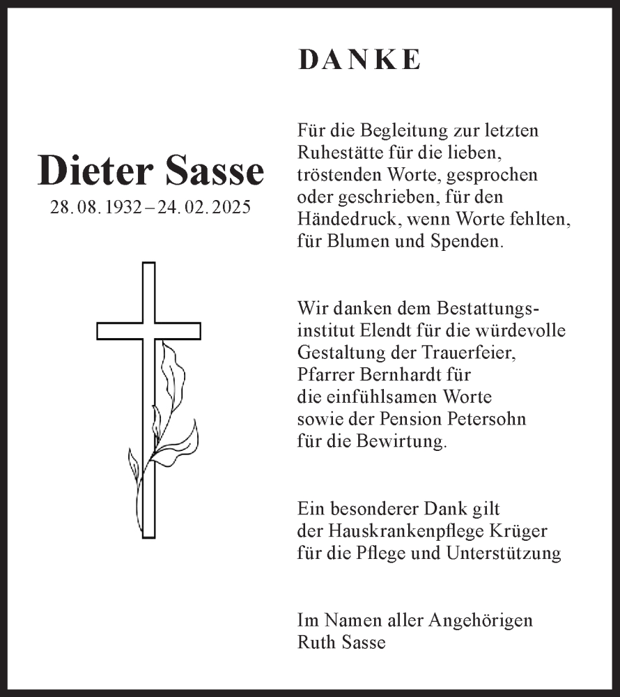  Traueranzeige für Dieter Sasse vom 12.04.2025 aus Märkische Oderzeitung