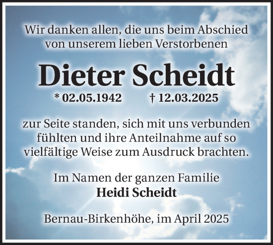 Traueranzeige von Dieter Scheidt von Märkische Oderzeitung
