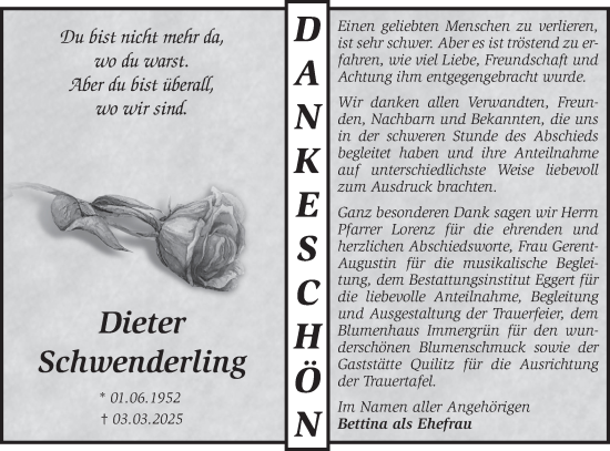 Traueranzeige von Dieter Schwenderling von Märkische Oderzeitung
