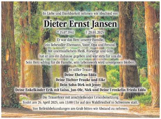 Traueranzeige von Dieter Ernst Jansen von Märkische Oderzeitung