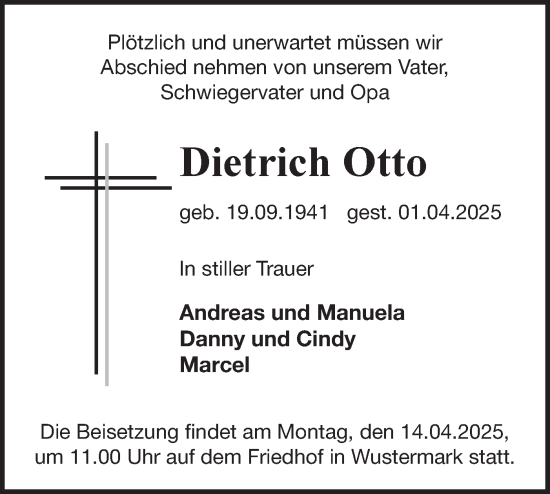 Traueranzeige von Dietrich Otto von Märkische Oderzeitung