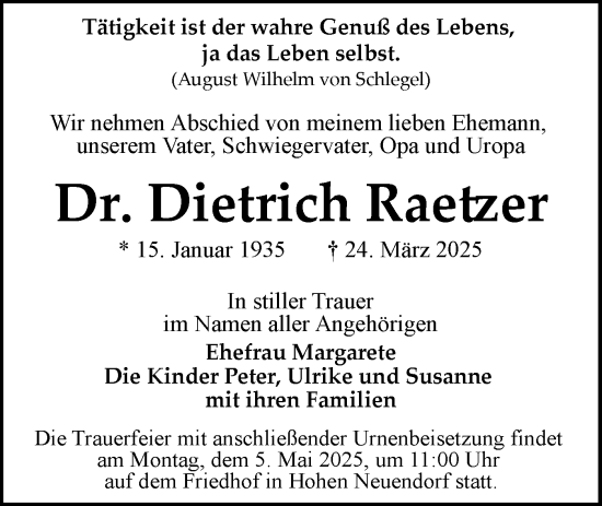 Traueranzeige von Dietrich Raetzer von Märkische Oderzeitung