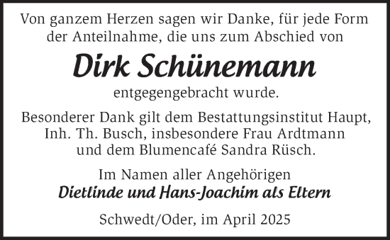 Traueranzeige von Dirk Schünemann von Märkische Oderzeitung