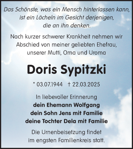 Traueranzeige von Doris Sypitzki von Märkische Oderzeitung