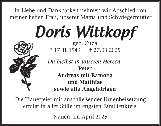 Traueranzeige von Doris Wittkopf von Märkische Oderzeitung