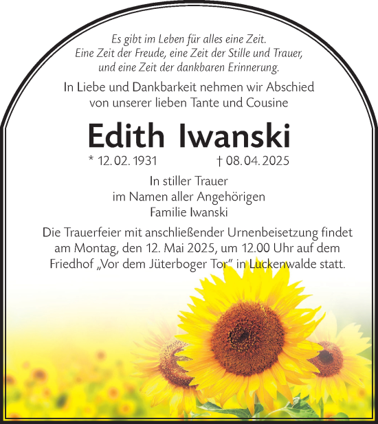 Traueranzeige von Edith Iwanski von Märkische Oderzeitung