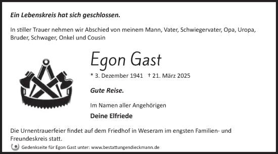 Traueranzeige von Egon Gast von Märkische Oderzeitung