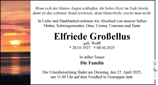 Traueranzeige von Elfriede Großellus von Märkische Oderzeitung