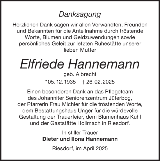 Traueranzeige von Elfriede Hannemann von Märkische Oderzeitung