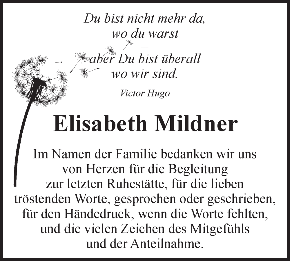  Traueranzeige für Elisabeth Mildner vom 05.04.2025 aus Märkische Oderzeitung