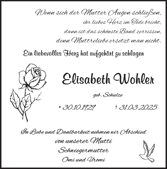 Traueranzeige von Elisabeth Wohler von Märkische Oderzeitung