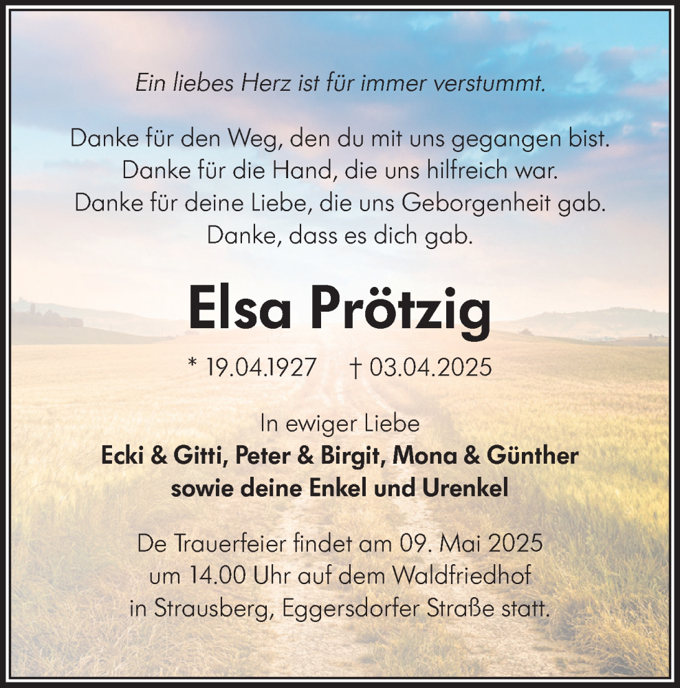  Traueranzeige für Elsa Prötzig vom 12.04.2025 aus Märkische Oderzeitung
