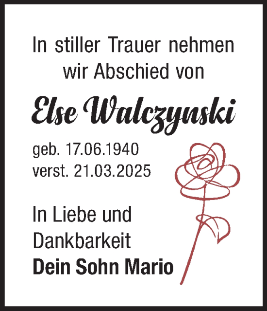 Traueranzeige von Else Walczynski von Märkische Oderzeitung
