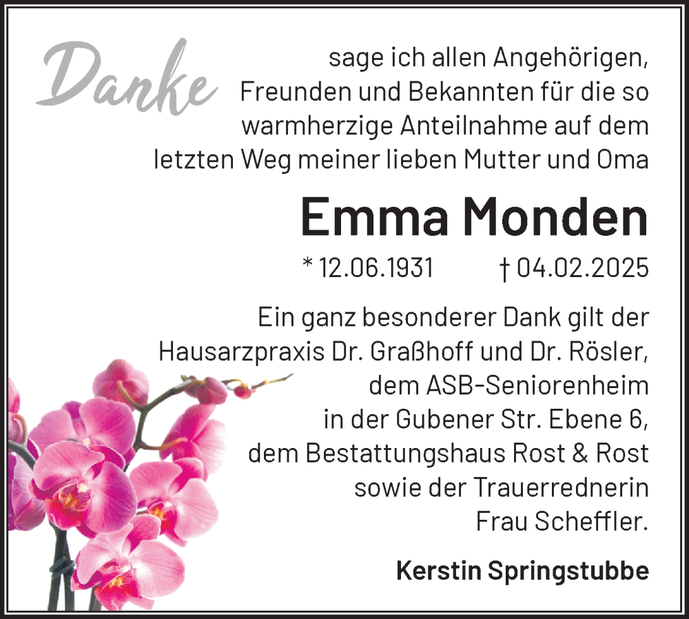  Traueranzeige für Emma Monden vom 05.04.2025 aus Märkische Oderzeitung
