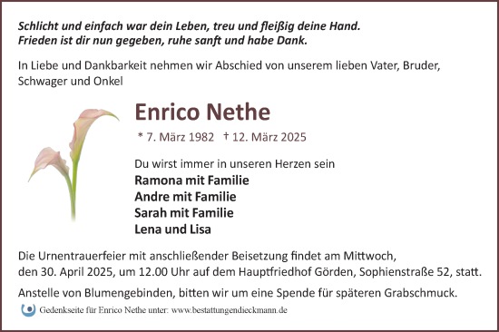 Traueranzeige von Enrico Nethe von Märkische Oderzeitung