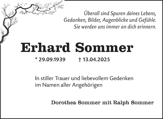 Traueranzeige von Erhard Sommer von Märkische Oderzeitung