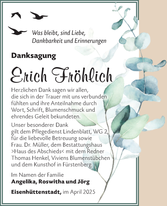 Traueranzeige von Erich Fröhlich von Märkische Oderzeitung