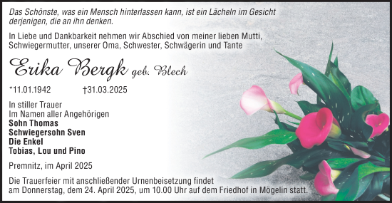 Traueranzeige von Erika Bergk von Märkische Oderzeitung