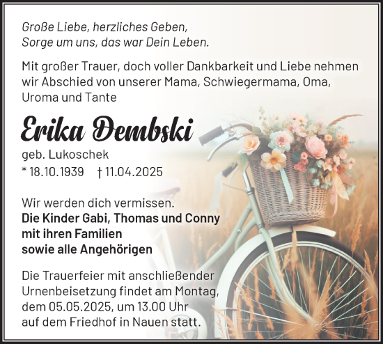 Traueranzeige von Erika Dembski von Märkische Oderzeitung