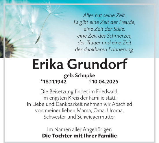 Traueranzeige von Erika Grundorf von Märkische Oderzeitung