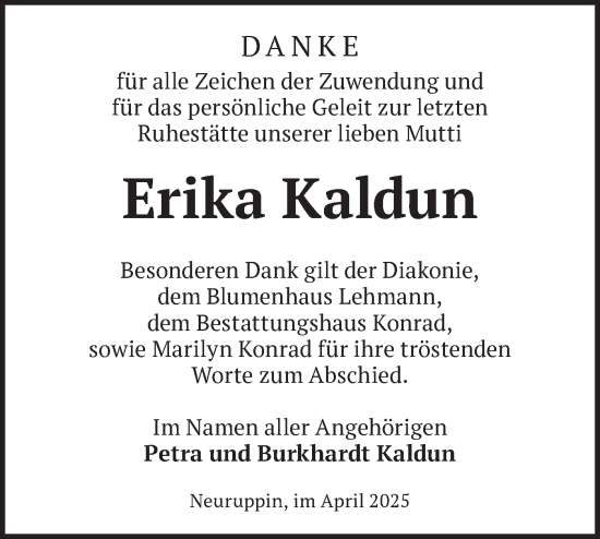 Traueranzeige von Erika Kaldun von Märkische Oderzeitung