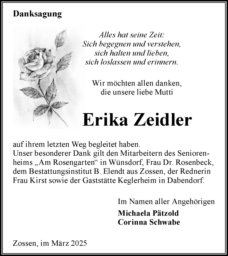  Traueranzeige für Erika Zeidler vom 05.04.2025 aus Märkische Oderzeitung