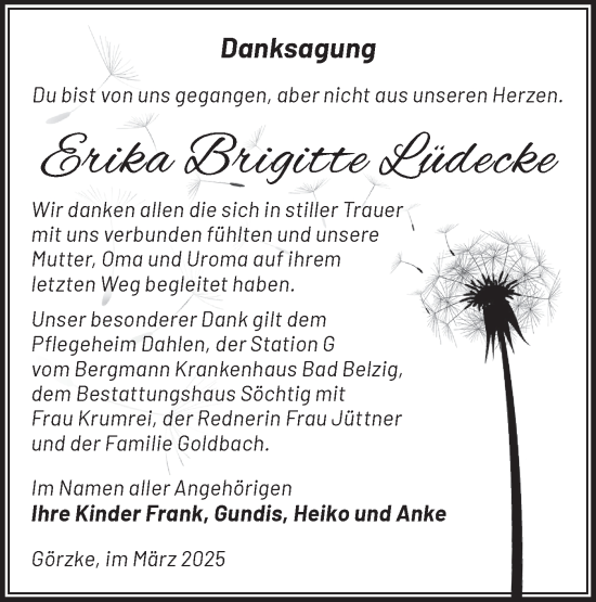 Traueranzeige von Erika Brigitte Lüdecke von Märkische Oderzeitung