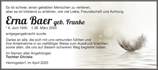 Traueranzeige von Erna Baer von Märkische Oderzeitung