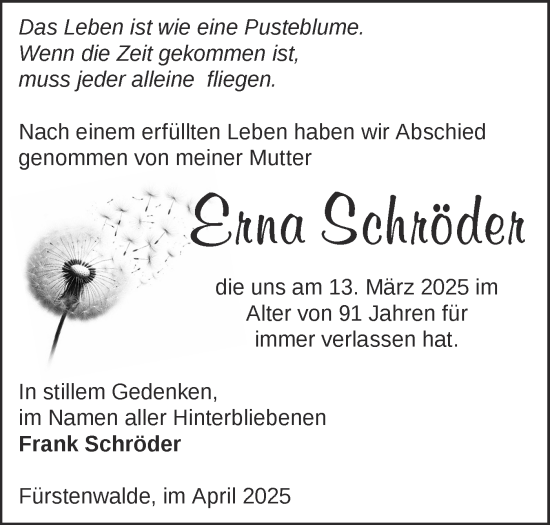Traueranzeige von Erna Schröder von Märkische Oderzeitung