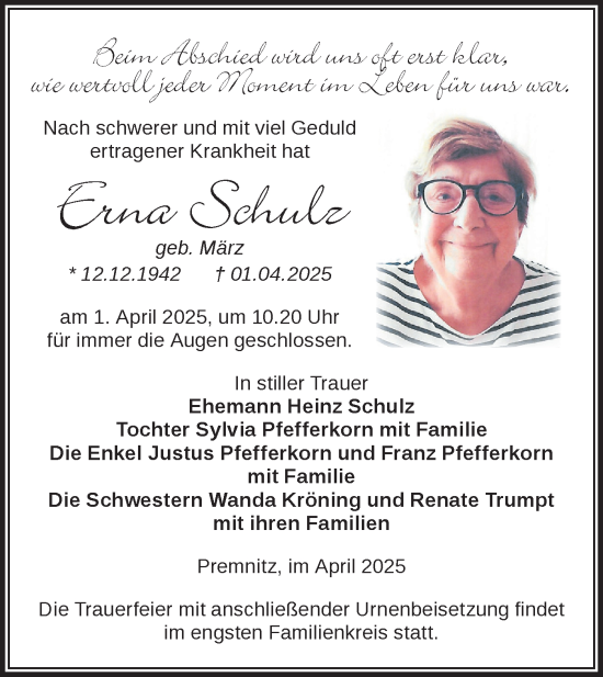 Traueranzeige von Erna Schulz von Märkische Oderzeitung