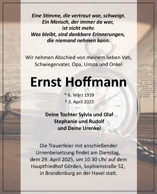 Traueranzeige von Ernst Hoffmann von Märkische Oderzeitung